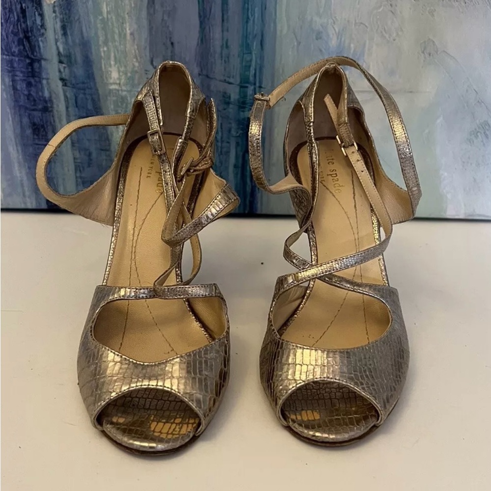 Kate Spade Heels Shoes Size 6.5 B Women's Gold Snakeskin Peep Toe Strappy